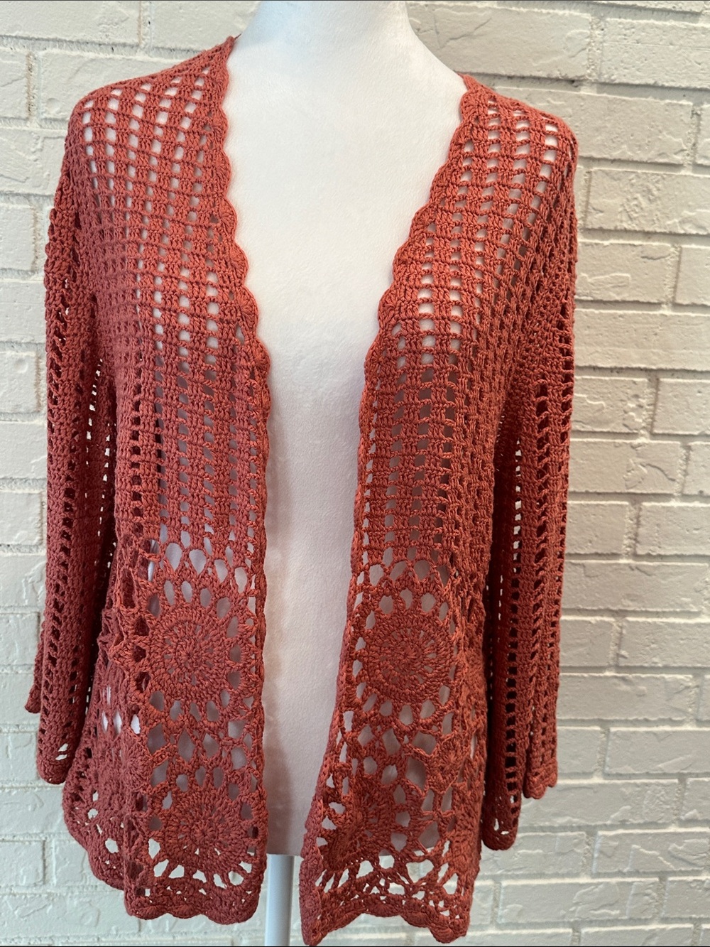 Open-Front Crochet Cardigan Sweater - Coral - Picture 4 of 13
